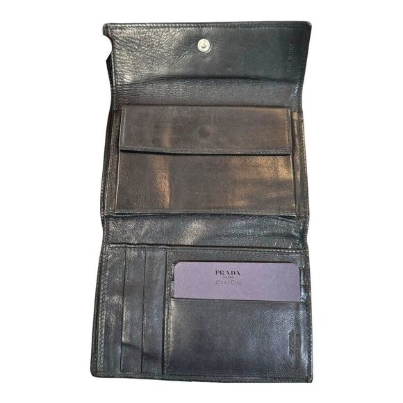 Prada Black Leather Tri-Fold Wallet With Box & Card Holder Gift Made In Italy - Picture 5 of 8